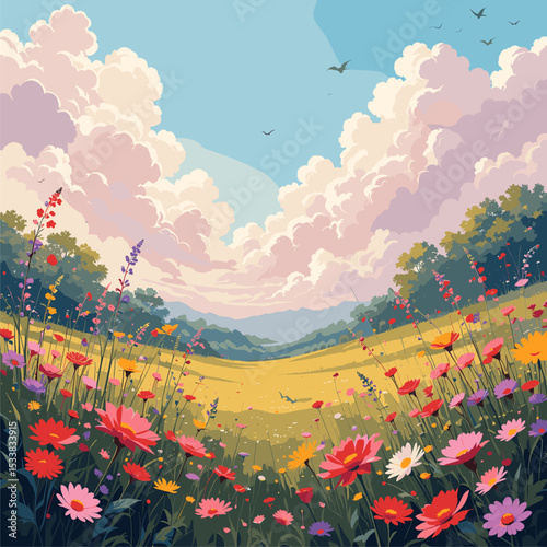 Vibrant Wildflower Meadow Under a Sunny Sky