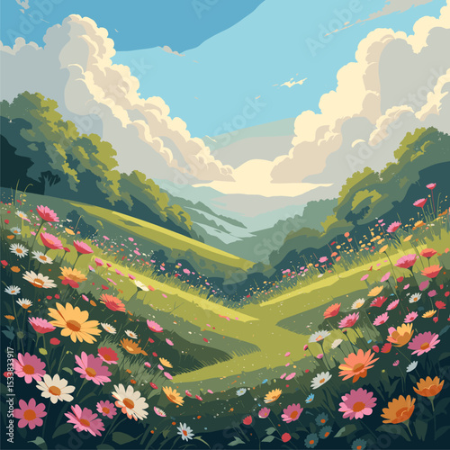 Idyllic Spring Meadow: Vibrant Wildflowers and Rolling Hills