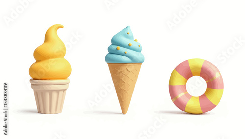 3D rendered ice cream and pool float, minimalist summer icons, perfect for seasonal UI, app elements, and product design.