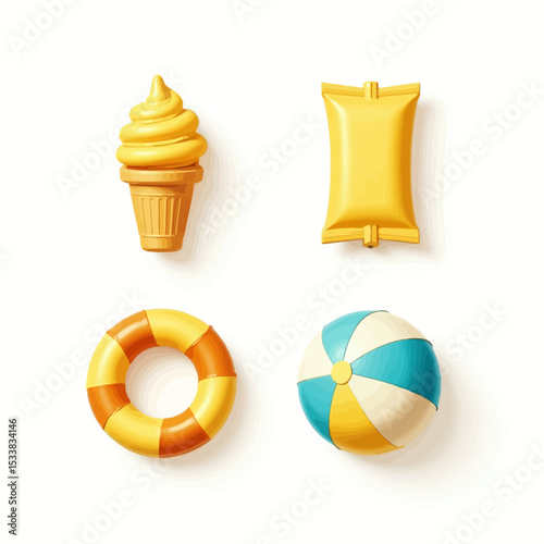 3D summer essentials set with beach ball, inflatable mattress, swim ring and ice cream cone, perfect for holiday, pool, and kids' themes.