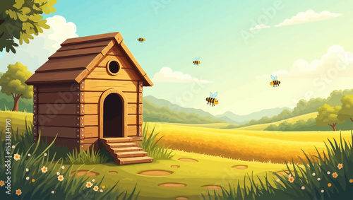 Wooden beehive in a blooming meadow with bees flying around, perfect for farming, ecology, or countryside nature scenes.
