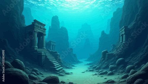 Mysterious underwater ruins with ancient temples and rocky terrain, ideal for fantasy, archaeology, or ocean exploration art.