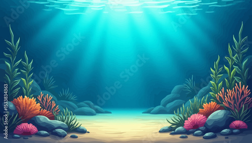 Peaceful underwater seascape with sunlight rays and coral reef, ideal for marine, ocean life, or underwater exploration visuals.