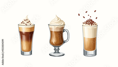 Iced coffee drinks with whipped cream toppings, ideal for menu designs, food illustrations, or cafe promotional visuals.