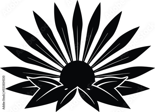 Silhouette Of A Sunburst With Leaves Around - High Quality Vector Graphic