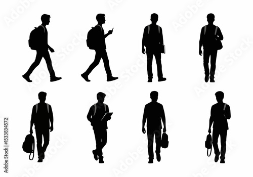 Silhouette students with backpacks walking standing set