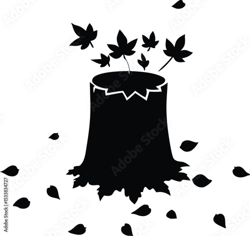 Silhouette Of A Tree Stump With Scattered Leaves - High Quality Vector Graphic