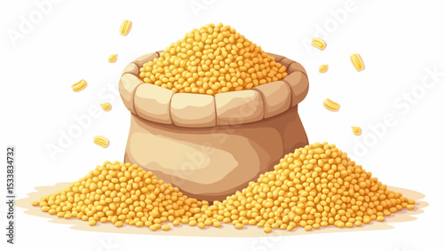Bag of yellow millet grains with overflowing seeds, ideal for agriculture, organic food, farming product ads, or healthy grain visuals.
