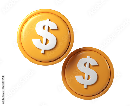 3d render icon Two golden coins with dollar symbol rotating on transparent background, perfect for financial and business projects