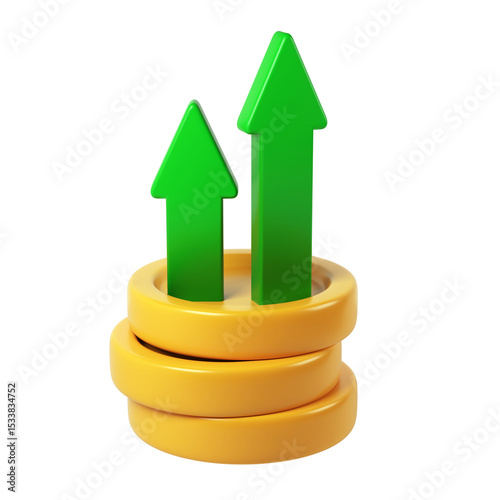 icon Green arrows rising from golden coin stack, representing financial growth, investment performance, digital 3d rendering against transparent background