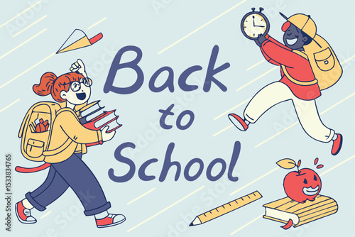 Cartoon Illustration of Children Excitedly Going Back to School with School Supplies