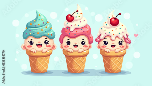 Cute cartoon ice cream cones with happy faces and cherries, ideal for children’s content, summer fun visuals, or sweet treat icons.