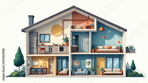 Modern cross-section house interior with stylish rooms, perfect for architecture, real estate, and home lifestyle concepts.