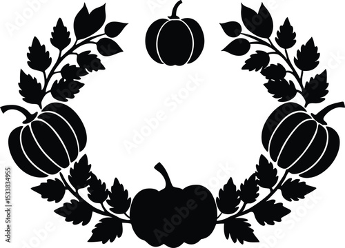 Silhouette Of A Wreath With Pumpkins And Leaves - High Quality Vector Graphic