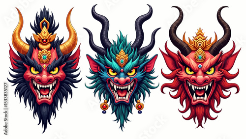 Set of fierce mythological dragon masks, ideal for fantasy, folklore, or tattoo-style vector illustrations.