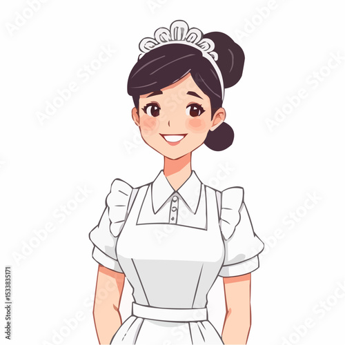 Charming young maid in classic attire spreads warmth and joy in a bright and welcoming space