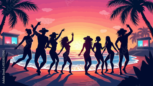 Silhouette of people dancing at sunset beach party with palm trees and vibrant summer vibes, perfect for vacation or nightlife concepts.