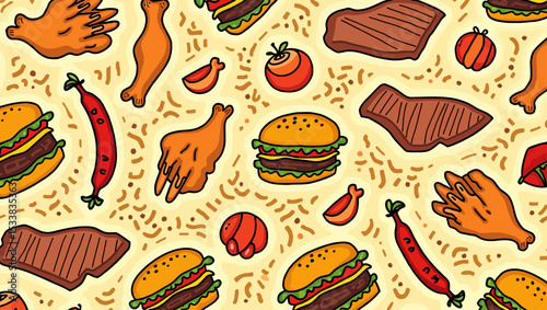 Seamless fast food pattern featuring burgers, sausages, chicken, and steak in a playful doodle style for backgrounds or packaging.