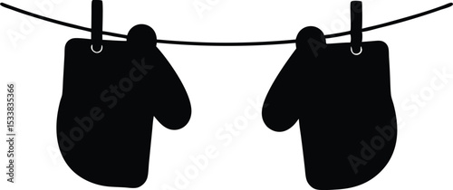 Silhouette Of Mittens On A Clothesline - High Quality Vector Graphic