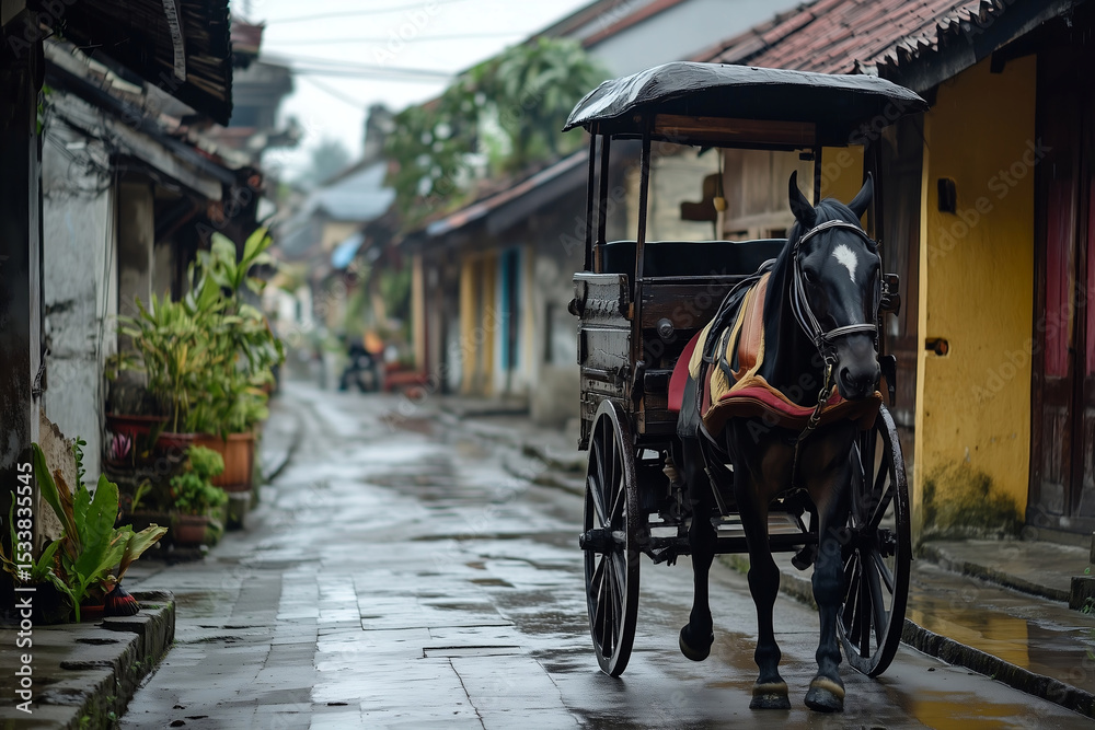 Obraz premium Traditional andong carriage riding through historic neighborhood during cloudy afternoon in Yogyakarta