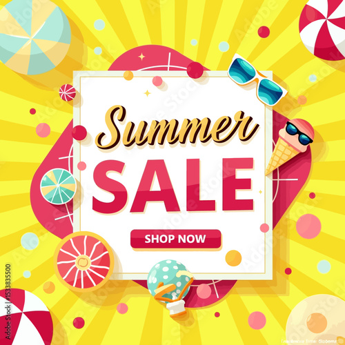 Bright and colorful summer sale banner with beach elements, sunglasses, and ice cream, ideal for promotional and marketing designs.