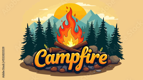 Campfire with flames surrounded by rocks and pine forest, set against mountain backdrop with "Campfire" text, perfect for outdoor themes.