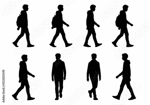Silhouettes of people walking isolated on white
