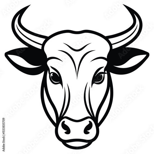 line art shows a strong bull head with majestic horns front view