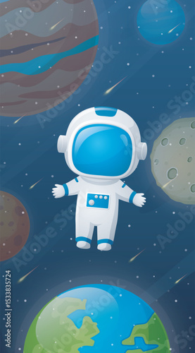 Space background with astronaut and planets