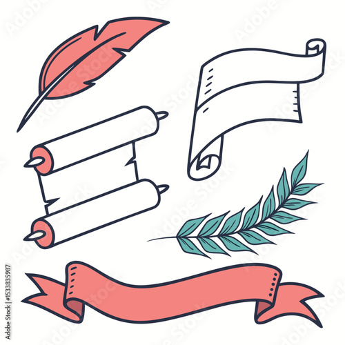 Hand Drawn Quill Pen Scroll Banner and Laurel Branch Illustration