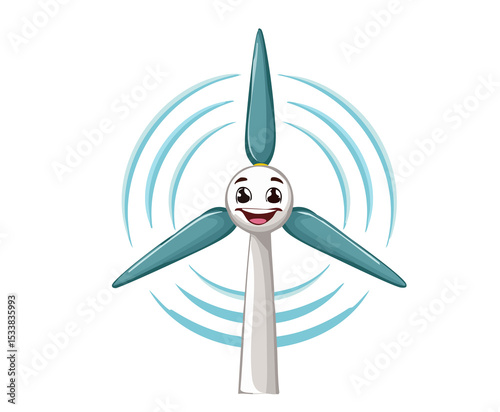 Cartoon Wind Turbine with Smiling Face and Rotating Blades