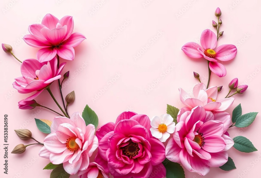 Naklejka premium Elegant wedding invitation template featuring realistic, vibrant blooms on a soft pastel background, celebration, spring