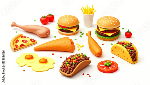 Tasty fast food collection including burgers, pizza, tacos, fried chicken, and eggs, presented in a playful and colorful vector style.