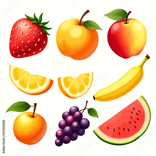 Set of realistic fruits including banana, strawberry, apple, grape, peach, orange, and watermelon, perfect for healthy food visuals or labels.