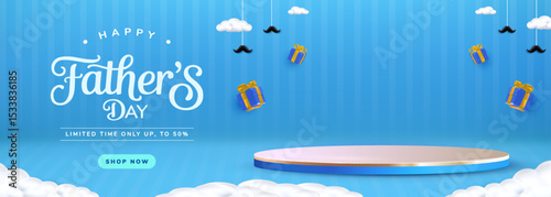 Fathers Day Celebration Background with Gifts, Clouds, and Blue Theme Decor