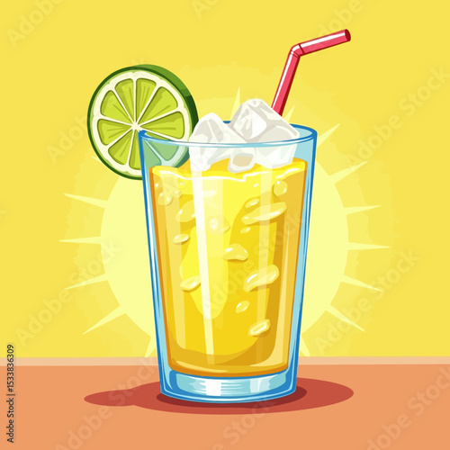 Tropical orange juice with ice cubes and lime slice in a glass under the summer sun with a straw.