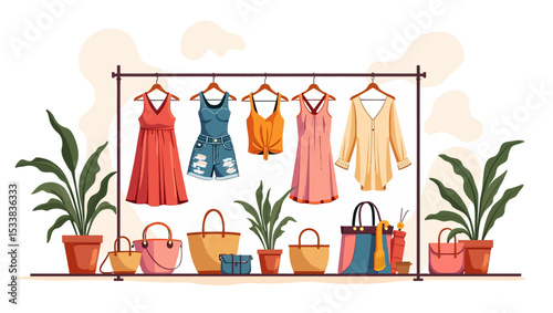 Fashionable summer clothing and bags hanging on rack with decorative plants, showcasing seasonal style.