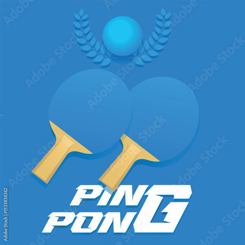 Two rackets table tennis, ball, inscription, tournament poster. Ping pong competition, hobby, vector banner design, flat style, racket sport