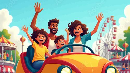 Happy family enjoying bumper cars at an amusement park with Ferris wheel and carnival atmosphere.