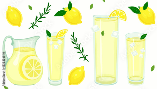 Variety of lemonades in glasses and pitcher with lemons and herbs in a refreshing summer vector layout.