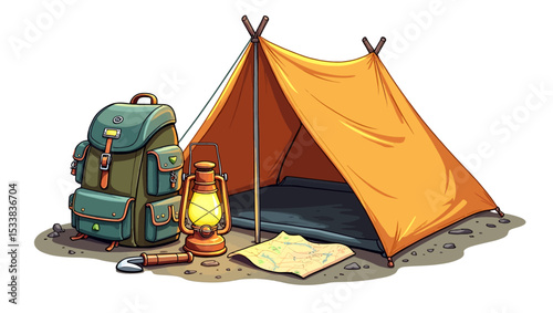 Camping gear setup with orange tent, backpack, lantern and map, perfect for outdoor adventure scenes.