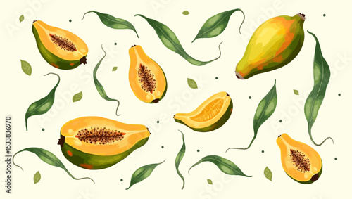 Tropical papaya fruits and green leaves scattered in a seamless pattern on a light background. Fresh exotic summer design.