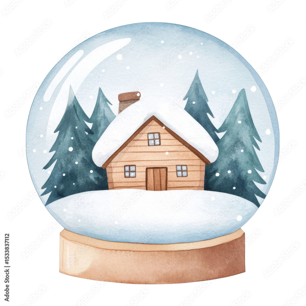 Naklejka premium Charming snow globe featuring cozy wooden house surrounded by evergreen trees and falling