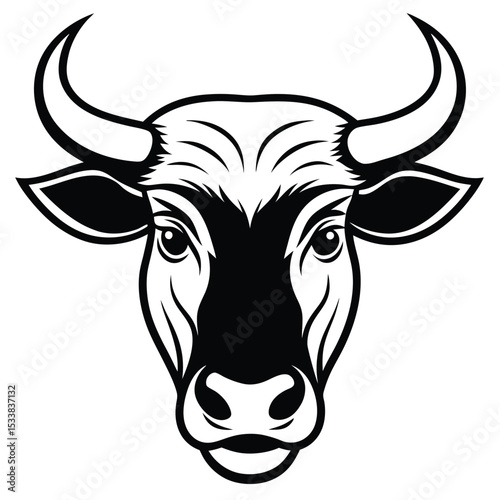 Frontfacing bull face boasts striking contrast with bold black outlines and strong horns
