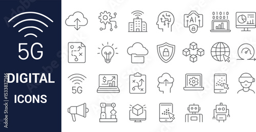 Collection of 5G Digital Technology Icons Cloud Computing, AI, IoT, and More