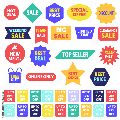 Colorful sale and discount labels for promotional use in marketing.