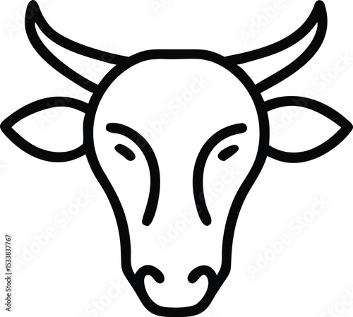 Minimalist outline of a bovine head shows simplified features and curved horns in black