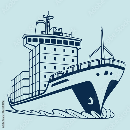 Stylized Container Ship Illustration with Cargo and Ocean Waves in Blue Tones