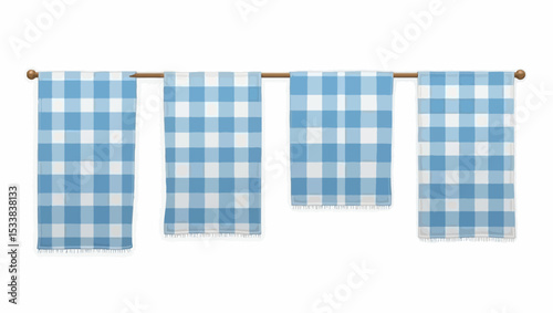Four checkered blue and white towels hanging on a wooden rod, flat lay design. Ideal for home, kitchen, or fabric patterns.