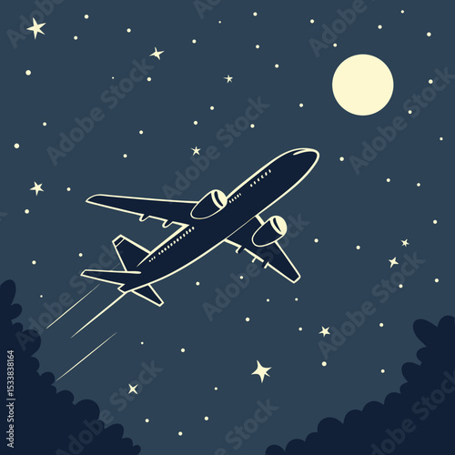 Airplane Taking Off at Night with Moon and Stars Illustration